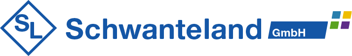 Blaues Logo mit den stilisierten Buchstaben 'SL' in einem Rhombus, daneben Schriftzug 'Schwanteland GmbH' und farbige Balken in Blau, Grün, Gelb, Rot.