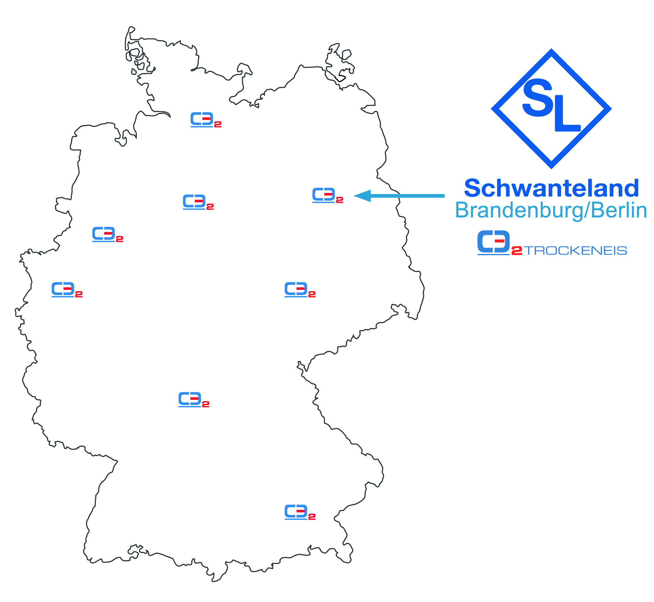 Karte von Deutschland mit mehreren Standorten des Unternehmens Schwanteland, markiert mit blau-rotem Logo und Beschriftung 'Schwanteland Brandenburg/Berlin'.