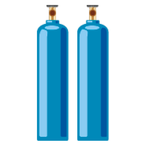 Zwei blaue Gasflaschen mit Ventilen oben, nebeneinander stehend.