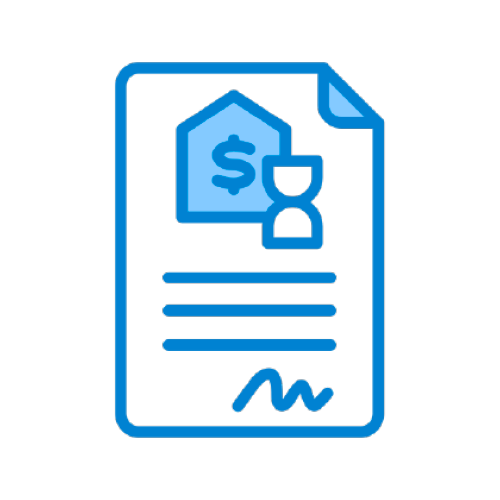 Blaues Symbol eines Dokuments mit einem Haus, einem Dollarzeichen, einer Sanduhr und einer Unterschrift.