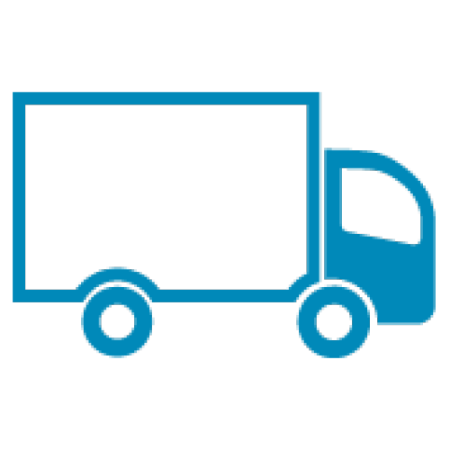 Blaues Piktogramm eines Lkw mit rechteckigem Ladebereich und zwei Rädern.