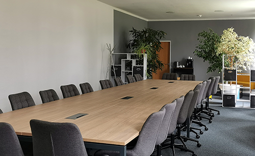 Großer rechteckiger Konferenztisch mit mehreren gepolsterten Stühlen in einem modernen Tagungsraum mit Pflanzen und Regalen.