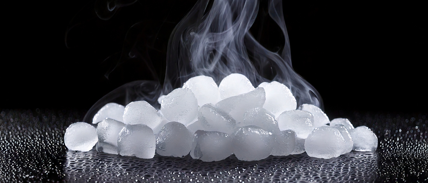 Mehrere weiße, unregelmäßig geformte Trockeneisstücke mit aufsteigendem Nebel auf dunklem Untergrund.