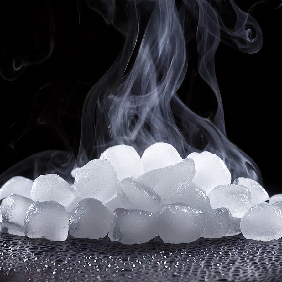 Mehrere weiße, unregelmäßig geformte Trockeneisstücke mit aufsteigendem Nebel auf dunklem Untergrund.