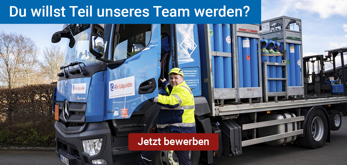 Blauer Lkw mit Gasflaschen auf der Ladefläche, davor eine Person in gelb-schwarzer Arbeitskleidung und Helm, Textbanner 'Du willst Teil unseres Team werden?' und roter Button 'Jetzt bewerben'.