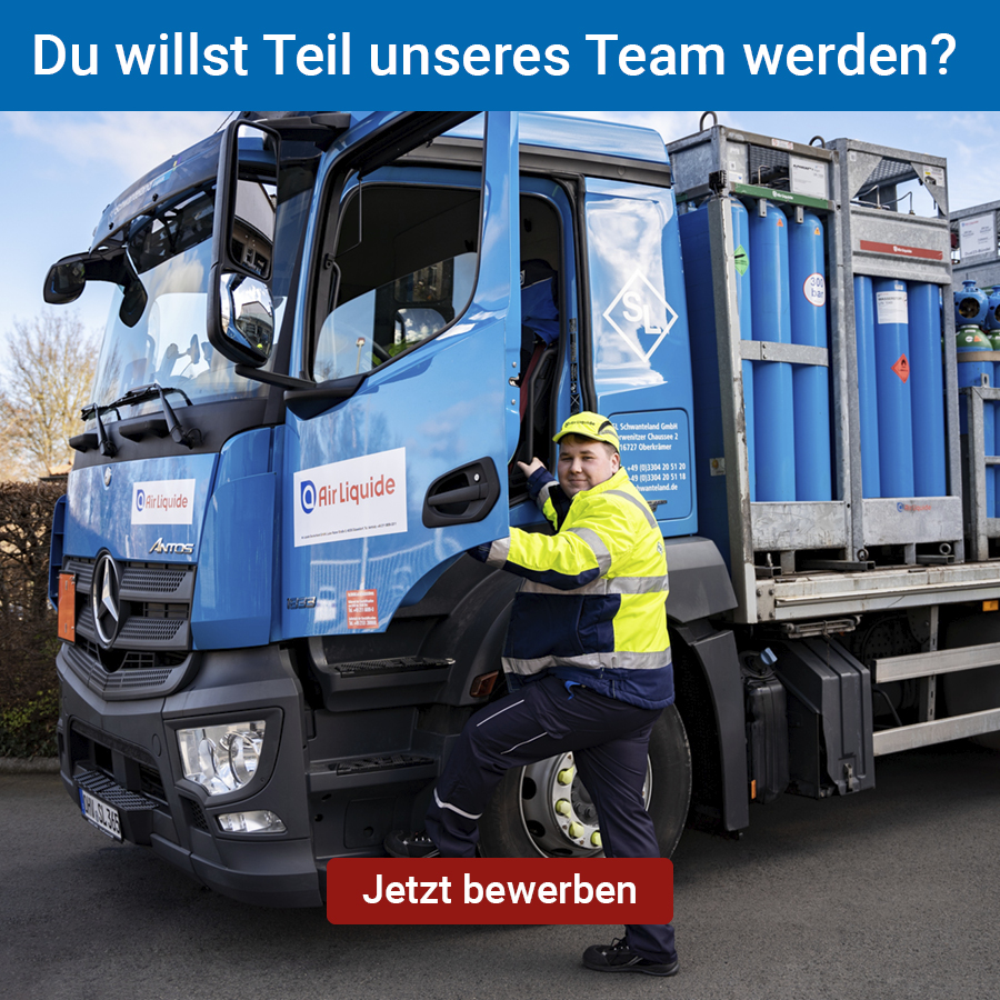Blauer Lkw mit Gasflaschen auf der Ladefläche, davor eine Person in gelb-schwarzer Arbeitskleidung und Helm, Textbanner 'Du willst Teil unseres Team werden?' und roter Button 'Jetzt bewerben'.