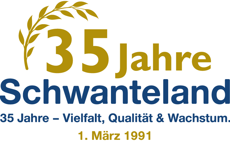 jubiläumslogo_35_jahre_schwanteland Jubiläumslogo mit goldener Zahl 35 und Schriftzug 'Jahre Schwanteland' in Blau darunter Text '35 Jahre – Vielfalt, Qualität & Wachstum. 1. März 1991'